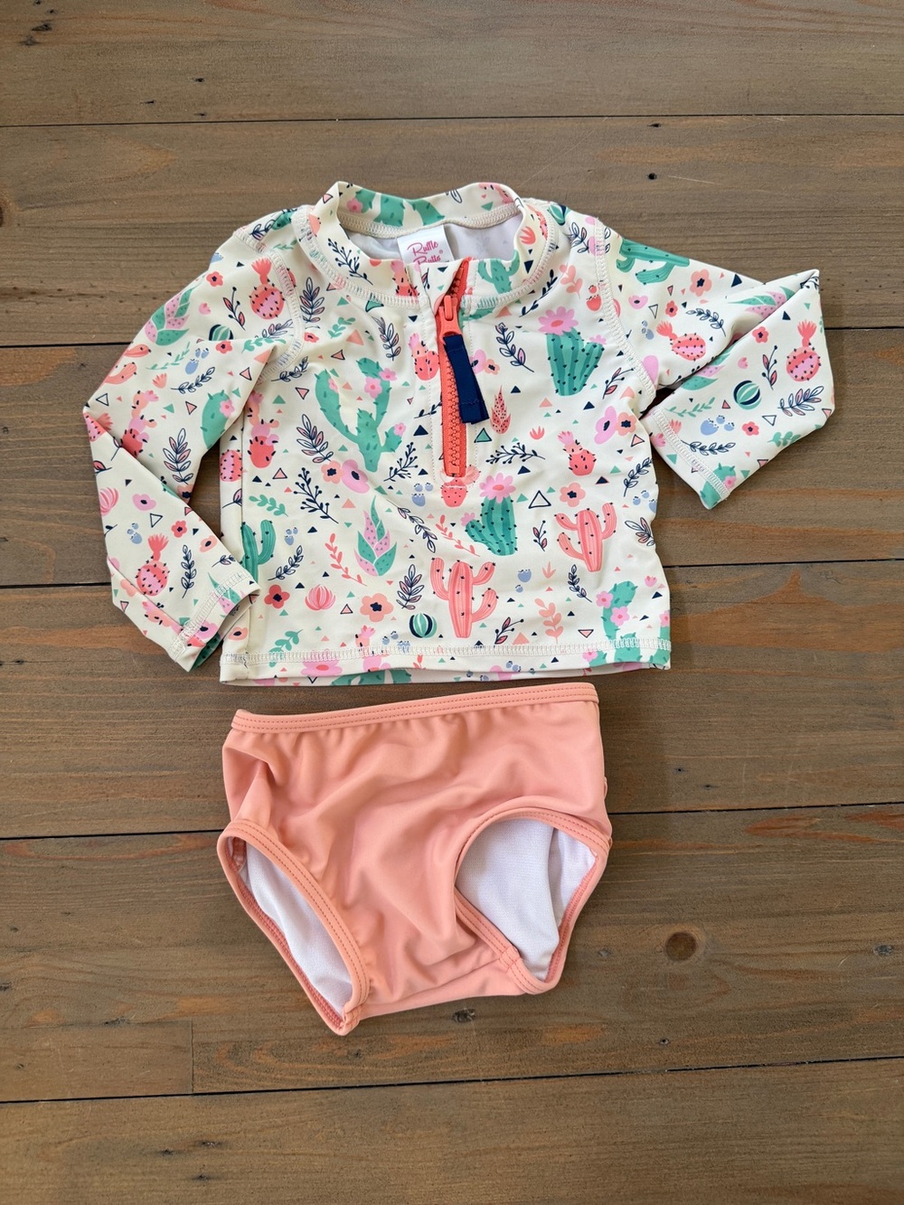 Ruffle Butts Cream Cactus Print Rashguard with Peach Swim Bottoms - 12-18 Months